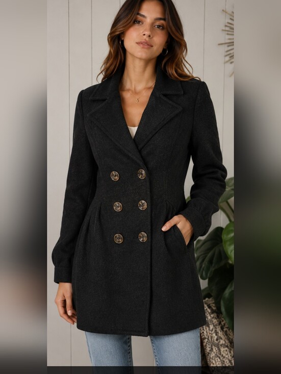Free People Jackets & Blazers - FREE PEOPLE Black Tailored Wool-Blend Double-Breasted Coat. Size Small